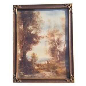 Antique Art Framed Landscape Print – Rustic Scene w/ 2 Women, Ornate Carved Wood